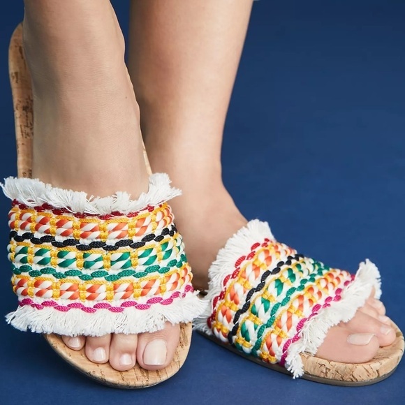 Anthropologie Schutz Kahara Woven Boho Cork Slide Sandals Womens Size 6B - Picture 1 of 10